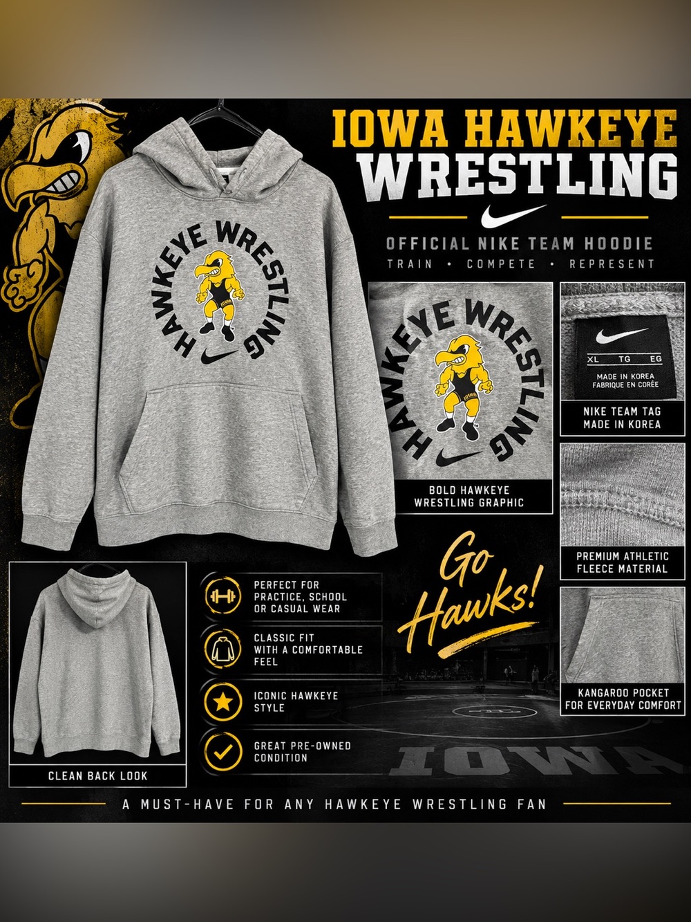 Nike Iowa Hawkeye Wrestling Crewneck Hoodie